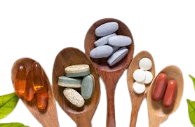 Fullscript Dispensary, assorted supplements on wooden spoons
